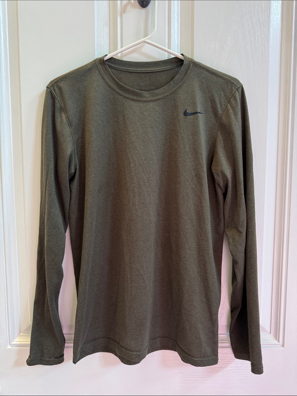 Nike Olive Green Dri-Fit Long Sleeve Crew with Black Swoosh, Men’s Small